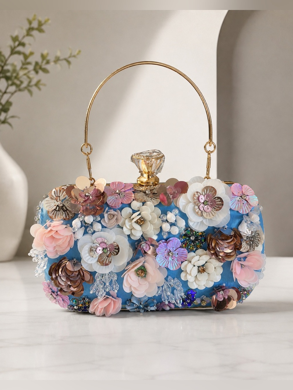 bebe Blue Floral Sequin Evening Clutch with Gold Handle